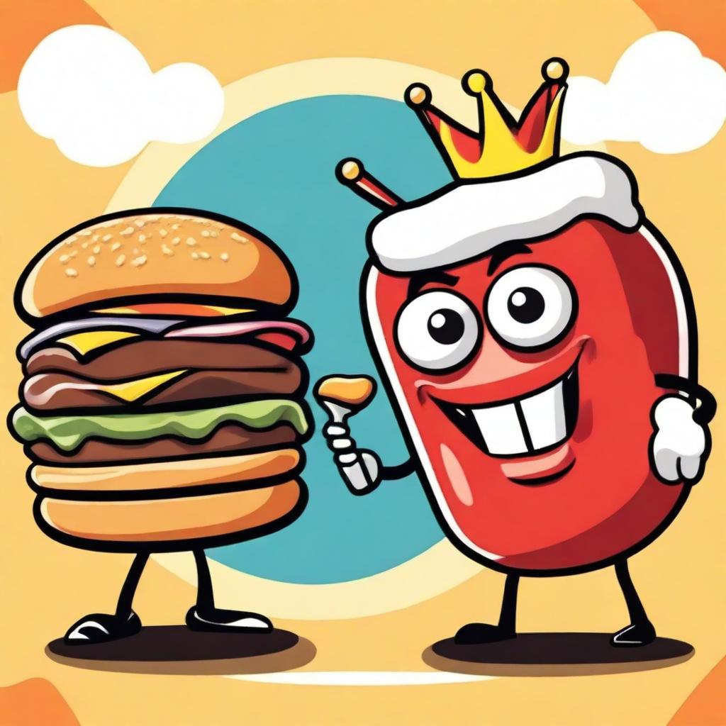 A fun and lighthearted illustration of Burger King and McDonald's mascots facing off in a playful competition