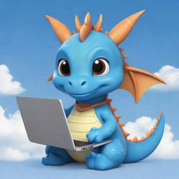 A cute chibi dragon with braces, holding a laptop under a blue sky