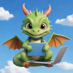 A cute chibi dragon with braces, holding a laptop under a blue sky