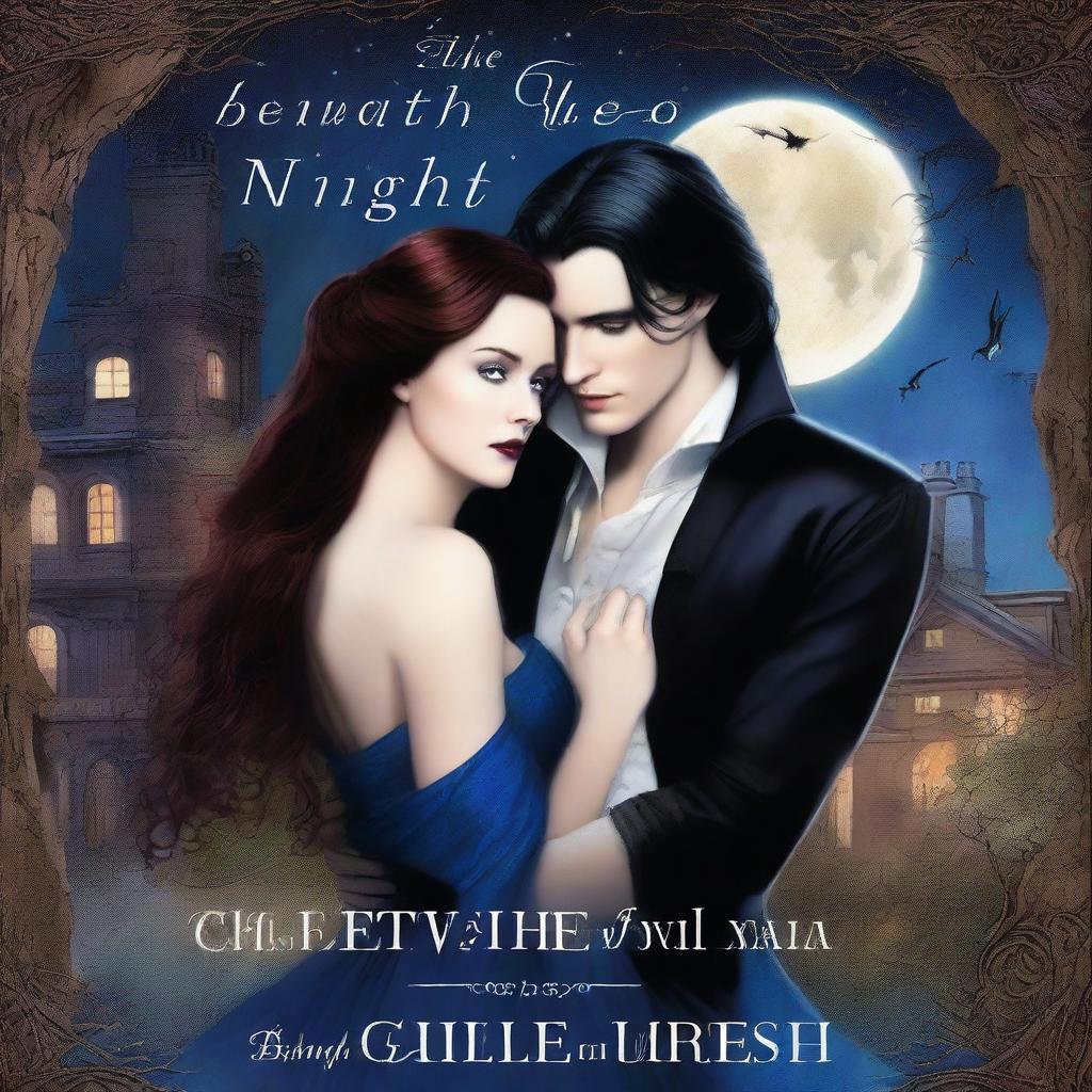 The cover for 'Beneath the Veil of Night: A Vampire Romance' depicts a moonlit Gothic mansion surrounded by ancient trees under a starry sky