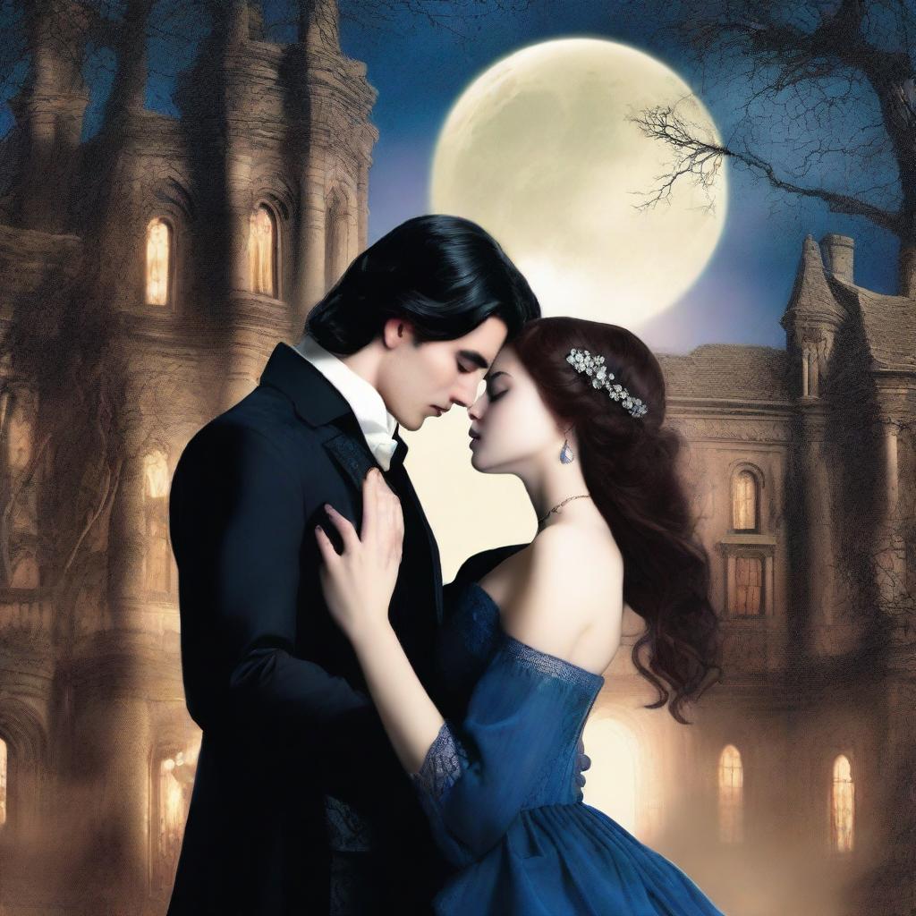 The cover for 'Beneath the Veil of Night: A Vampire Romance' depicts a moonlit Gothic mansion surrounded by ancient trees under a starry sky