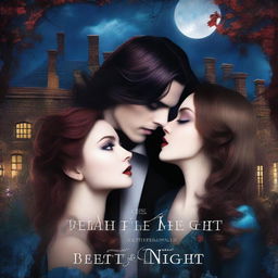 The cover for 'Beneath the Veil of Night: A Vampire Romance' by mxrtalreads depicts a moonlit Gothic mansion surrounded by ancient trees under a starry sky