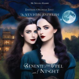 The cover for 'Beneath the Veil of Night: A Vampire Romance' by mxrtalreads depicts a moonlit Gothic mansion surrounded by ancient trees under a starry sky