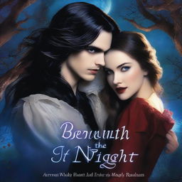 The cover for 'Beneath the Veil of Night: A Vampire Romance' by mxrtalreads depicts a moonlit Gothic mansion surrounded by ancient trees under a starry sky