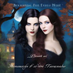 The cover for 'Beneath the Veil of Night: A Vampire Romance' by mxrtalreads depicts a moonlit Gothic mansion surrounded by ancient trees under a starry sky