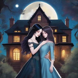 The cover depicts a moonlit Gothic mansion surrounded by ancient trees under a starry sky