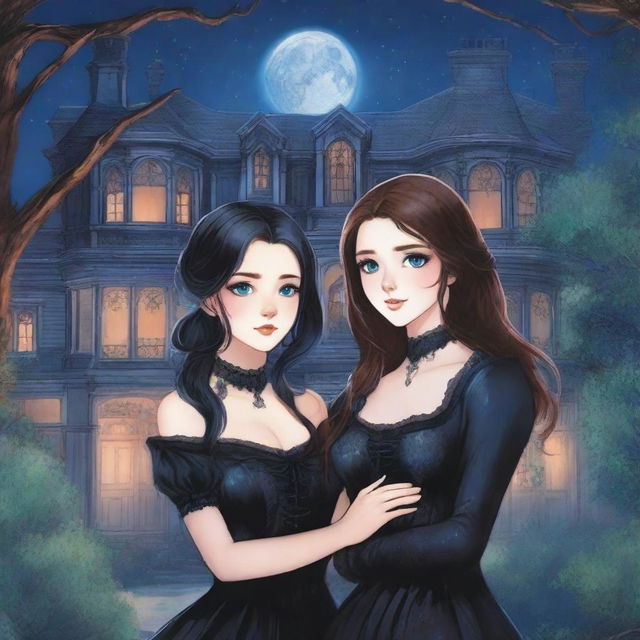 The cover depicts a moonlit Gothic mansion surrounded by ancient trees under a starry sky