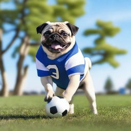 A cute pug playing football on a grassy field