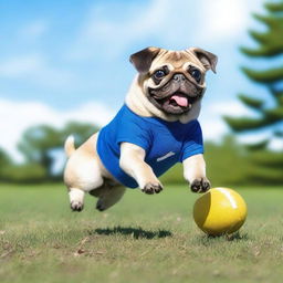 A cute pug playing football on a grassy field