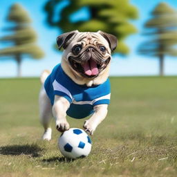 A cute pug playing football on a grassy field