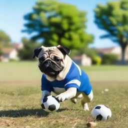 A cute pug playing football on a grassy field