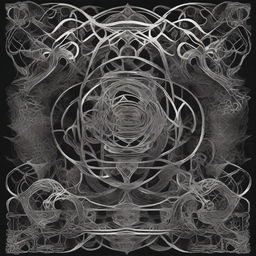 Create an image inspired by the band Meshuggah, featuring a dark, intense, and abstract theme with intricate patterns and a futuristic vibe