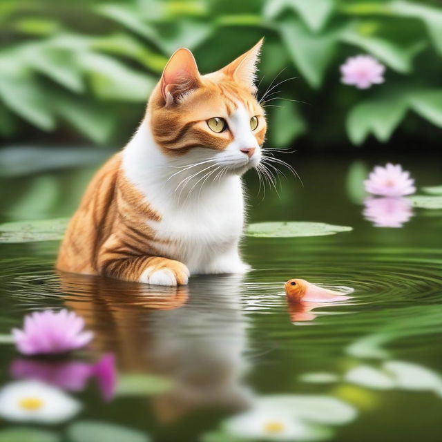 A serene and picturesque scene of a cat catching a fish in a tranquil pond