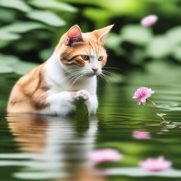 A serene and picturesque scene of a cat catching a fish in a tranquil pond