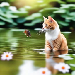 A serene and picturesque scene of a cat catching a fish in a tranquil pond