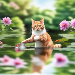 A serene and picturesque scene of a cat catching a fish in a tranquil pond