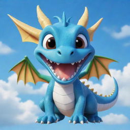 A cute chibi dragon with braces giving a bright smile under a blue sky