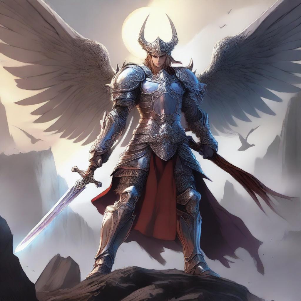 A fantasy anime-style image of a winged warrior with a sword