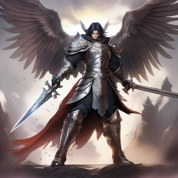 A fantasy anime-style image of a winged warrior with a sword