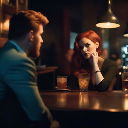 A beautiful red-haired woman with a confident and alluring demeanor is sitting in a bar, enjoying a drink