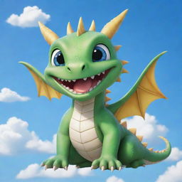 A cute chibi dragon with braces giving a bright smile under a blue sky