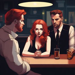 A beautiful red-haired woman with a confident and alluring demeanor is sitting in a bar, enjoying a drink