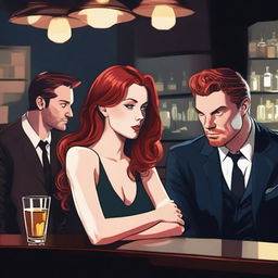 A beautiful red-haired woman with a confident and alluring demeanor is sitting in a bar, enjoying a drink