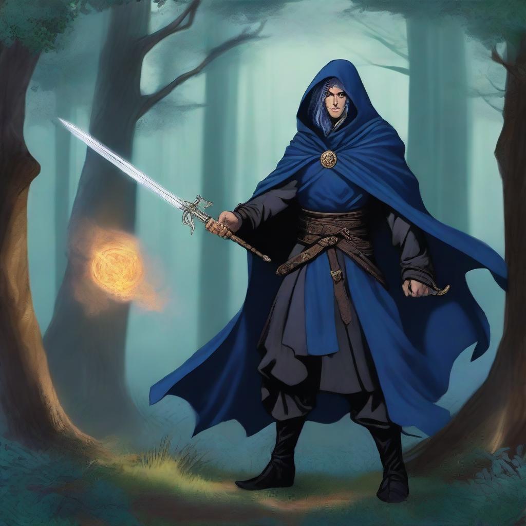 A male Kender warlock from the Dragonlance universe, wielding a magical rapier