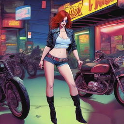 A tall woman with red hair, visibly intoxicated, stumbling out of a biker bar late at night