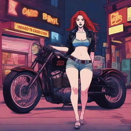 A tall woman with red hair, visibly intoxicated, stumbling out of a biker bar late at night