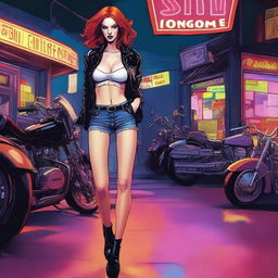 A tall woman with red hair, visibly intoxicated, stumbling out of a biker bar late at night