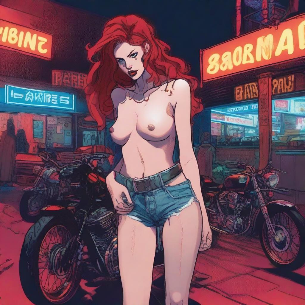 A tall woman with red hair, visibly intoxicated, stumbling out of a biker bar late at night