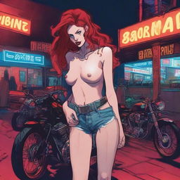 A tall woman with red hair, visibly intoxicated, stumbling out of a biker bar late at night