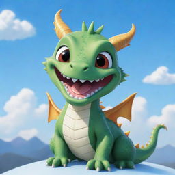 A cute chibi dragon with braces giving a bright smile under a blue sky