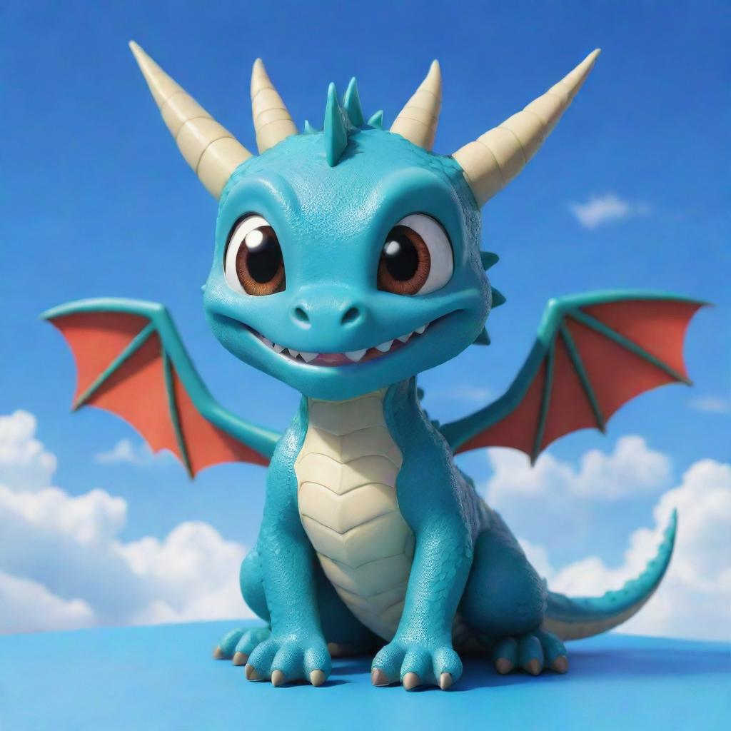 A cute chibi dragon with braces under a bright blue sky