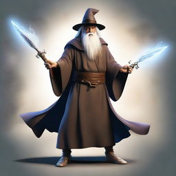 Create an image of an ancient human wizard wielding two rapiers