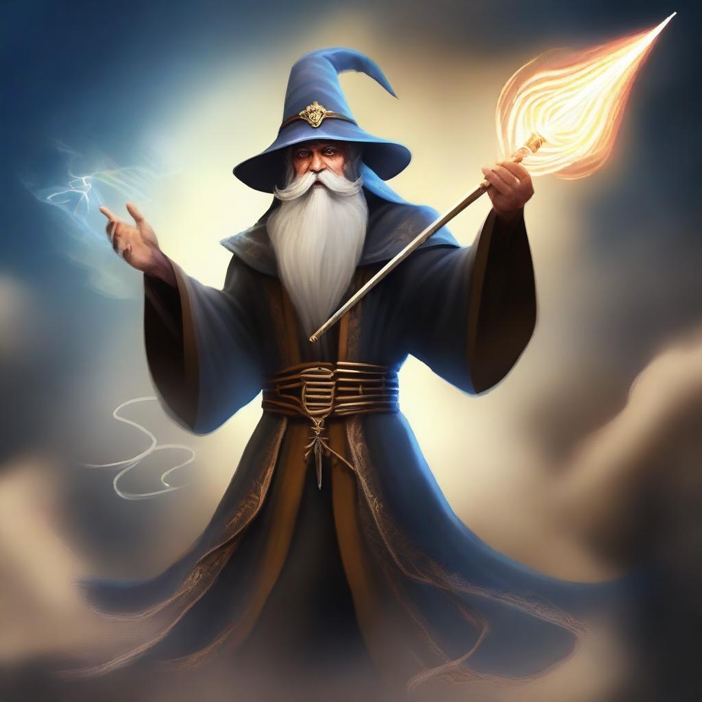 Create an image of an ancient human wizard wielding two rapiers