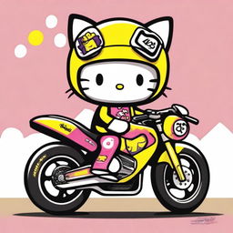 A cute and charming illustration of Hello Kitty dressed as a motorcycle racer, inspired by Valentino Rossi