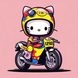 A cute and charming illustration of Hello Kitty dressed as a motorcycle racer, inspired by Valentino Rossi