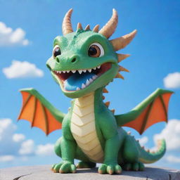 A cute chibi dragon with braces under a bright blue sky