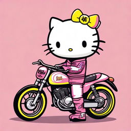 A cute and charming illustration of Hello Kitty dressed as a motorcycle racer, inspired by Valentino Rossi