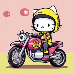 A cute and charming illustration of Hello Kitty dressed as a motorcycle racer, inspired by Valentino Rossi