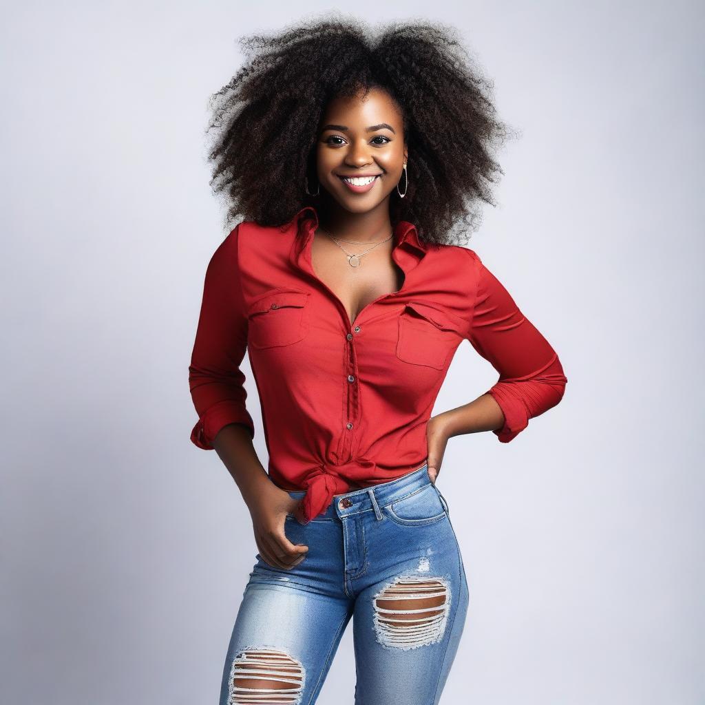 A young black girl with a busty figure, wearing a red open shirt