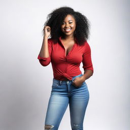 A young black girl with a busty figure, wearing a red open shirt