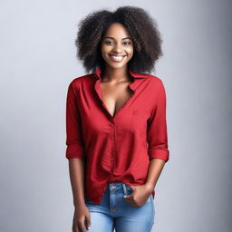 A young black girl with a busty figure, wearing a red open shirt