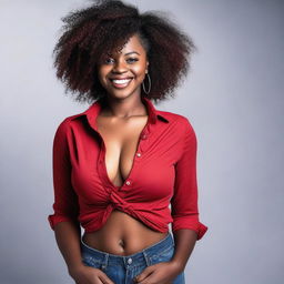 A young black girl with a busty figure, wearing a red open shirt