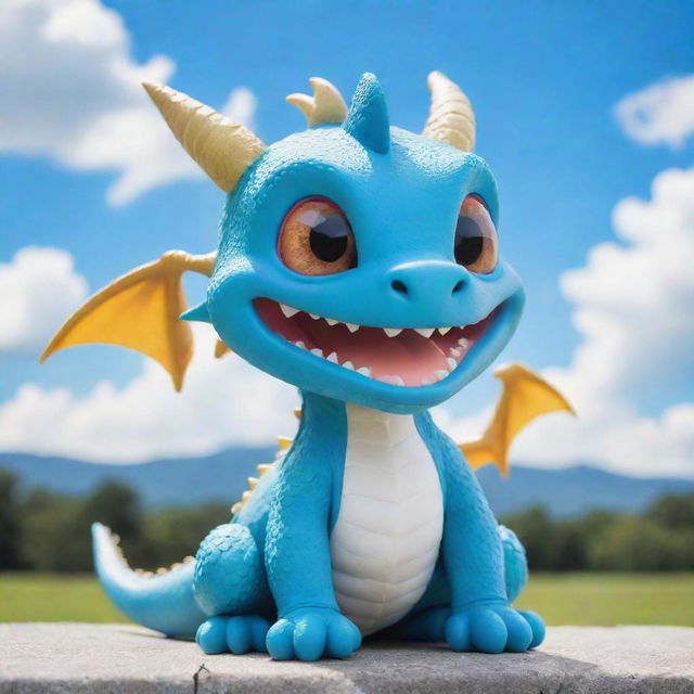 A cute chibi dragon with braces under a bright blue sky