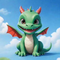 A cute chibi dragon with braces under a bright blue sky