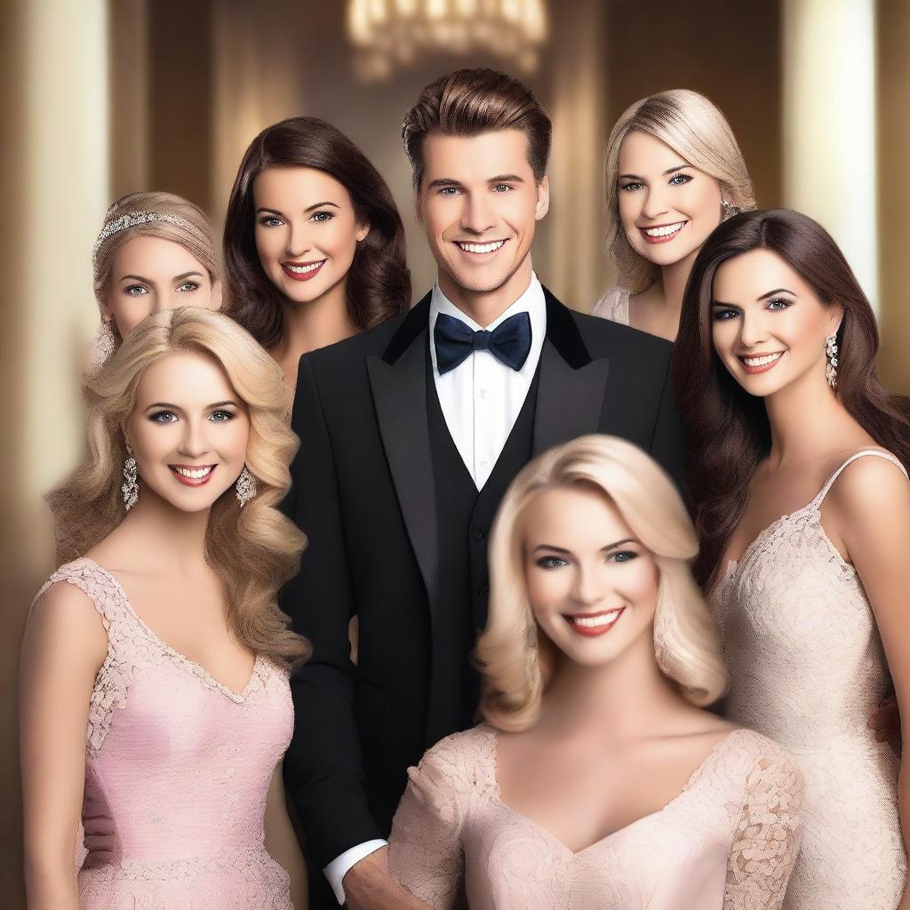 Create an image of a handsome young man surrounded by several beautiful women in a lively and elegant setting