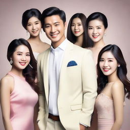 Create an image of a handsome Asian young man surrounded by several beautiful women in a lively and elegant setting